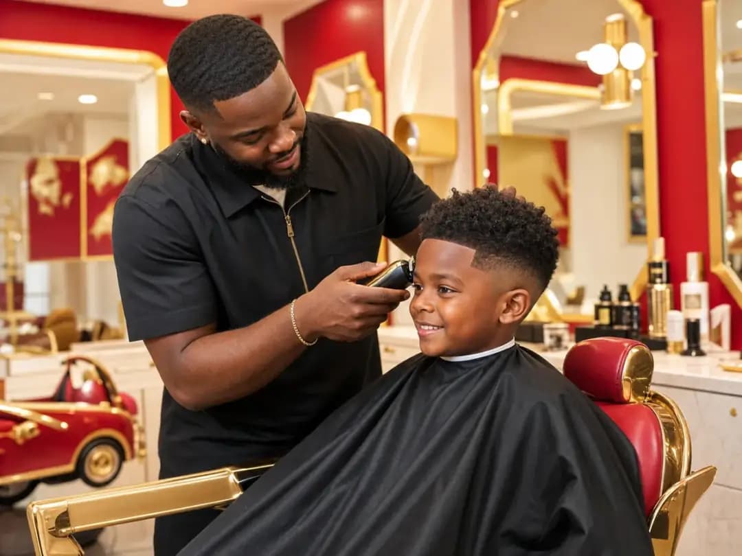 A barber giving a young boy a stylish fresh fade at the kids salon