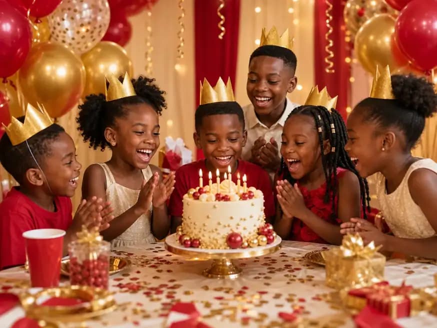 Children celebrating at a joyful birthday party with balloons and cake