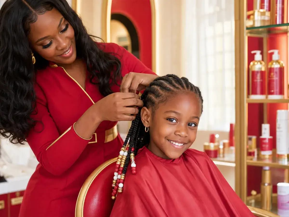 A stylist braiding a young girl's hair with colorful beads