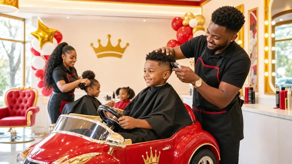 Happy children getting fresh haircuts at The Kids Premium Palace salon