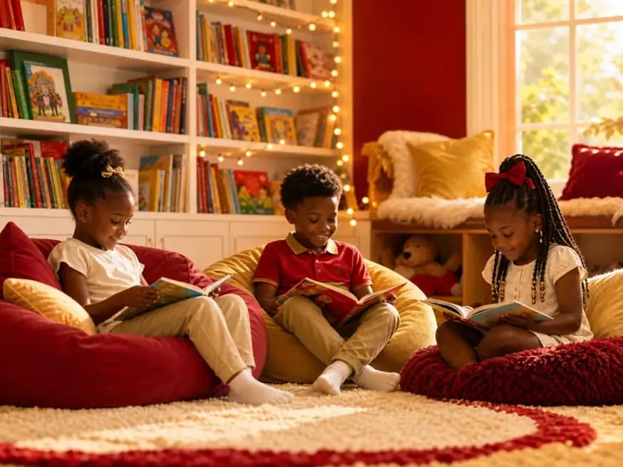Children reading colorful books on bean bags in the reading corner